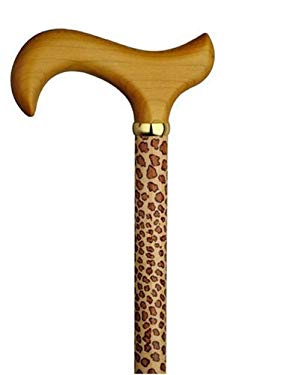 Walking Cane-Leopard-This walking stick cane has an elegant leopard print on maple wood shaft with natural hard wood derby handle. This wooden cane has a weight capacity of 250 pounds and 35 inches long.