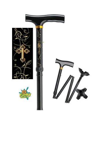 Footed Folding Adjustable Walking Cane Gold Cross Crucifix