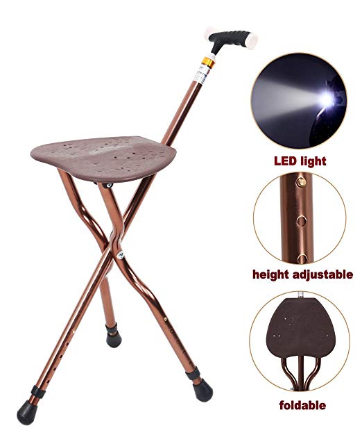 Best Health Cane Seat Stool Retractable Lightweight Walking Stick with LED Light for Elderly Outdoor Travel Rest Stool Folding Chair Replacement Large Golf Seat Large Weight Capacity (brown cane seat)
