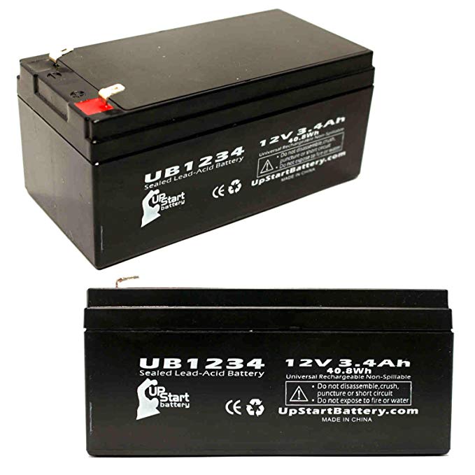 2x Pack - Aeros Instruments Inc. 5200 CAREEVAC Battery - Replacement UB1234 Universal Sealed Lead Acid Battery (12V, 3.4Ah, 3400mAh, F1 Terminal, AGM, SLA) - Includes 4 F1 to F2 Terminal Adapters