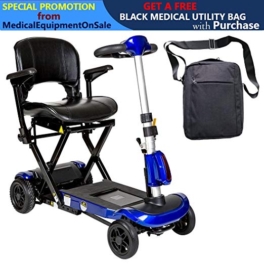 Drive ZooMe Auto-Flex Folding Travel Scooter, Blue & Free Front Zip Pocket Medical Utility Black Bag! - #Flex-AUTO