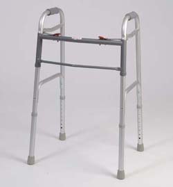 Folding Walker - This medical geriatric walker has a dual button to fold. Weight capacity 300 pounds. This functional lightweight aluminum walker is adjustable in 1