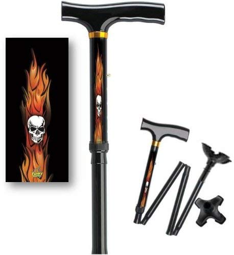 Adjustable Folding Walking Cane with Footed Cane Tip Flames and Skulls