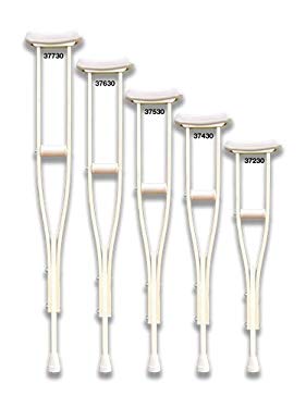 Crutches - Med/Adult Laminated wood crutches with accessories attached are shrink wrapped and include one pair each of arm cushions, closed hand grips and size #50001 crutch tips, assembled. Recommended patient height for med/adult size is 4'10