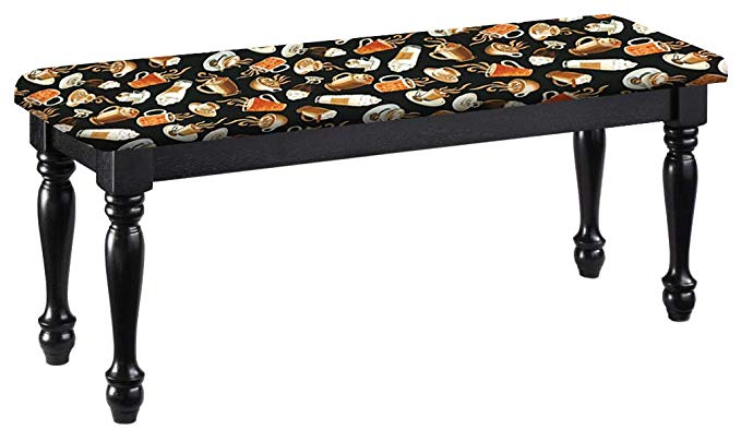 Traditional Farmhouse Style Dining Bench with Black Legs and a Padded Seat Cushion Featuring Your Favorite Novelty Themed Fabric Covered Bench Top (Coffee Cups)