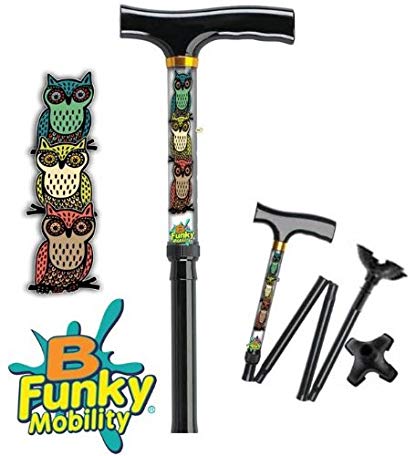 Adjustable Folding Walking Cane with Footed Cane Tip Owls
