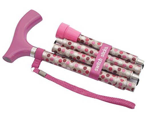 Switch Stick Walking Cane - Hot Pink Polka Design - Folding Adjustable Walking Cane