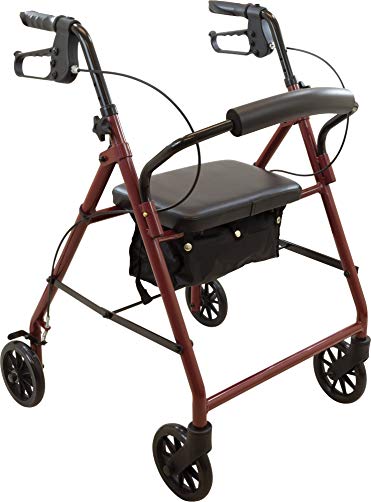 ProBasics Steel Rollator Walker With Seat And Wheels - Stand Up Walker With Padded Seat and Backrest - Height Adjustable 4 Wheel Walker, Foldable, 300 Pound Weight Capacity, Burgundy