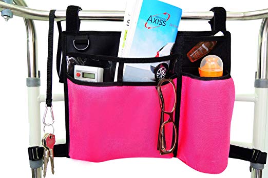 Folding Walker Bag, Wheelchair Side Pouch, Rollator Pouch,Bed Rail Organizer, Insulated Bottle Holder, Zipper Pocket, Key Holder Long Strap, Black/pink