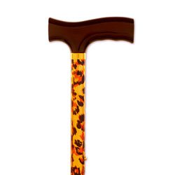 Folding Cane - Leopard. This Walking Cane has push button height adjustment and a weight capacity of 250 lbs. Comfortable Fritz Handle is designed for arthritis sufferers.