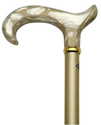 Walking Cane-Pearly pearl. This walking stick cane has a derby lucite pearly handle. This walking aid has a hardwood metallic gold high finish shaft. This wooden cane has a capacity of 250 pounds and 36 inches long.