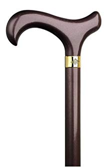 Walking Cane - Aubergine. This walking cane has a derby handle with a hardwood shaft, metallic high gloss finish. This walking aid has a weight capacity of 250 pounds and 36 inches long