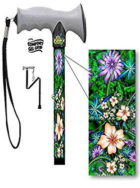 Folding Walking Cane Gel Grip Handle Collapsible Hibiscus Passion Flower Design