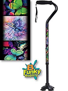 Adjustable Walking Cane Foam Handle Quad Footed Four Pointed Cane Tip Butterflies Design