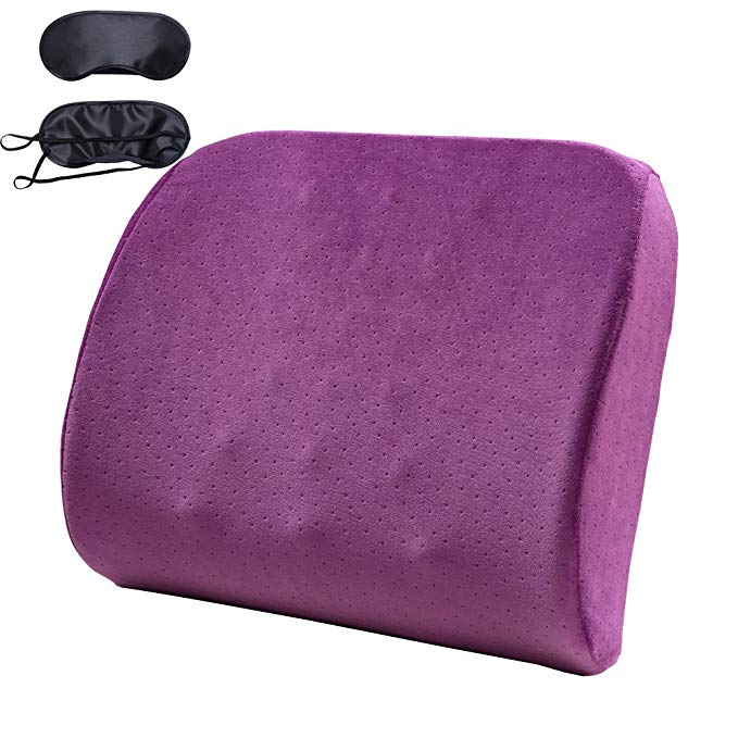 Qutool Memory Foam Back Cushion With Eye Mask Lumbar Back Orthopedic Support Pillow for Office Chair Desk Car Adjustable Straps Lumbar Pillow (Purple)
