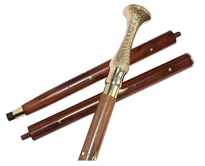 Walking stick top brass crafted wooden staff handmade collectible nautical 3 fold walking stick (Brass)