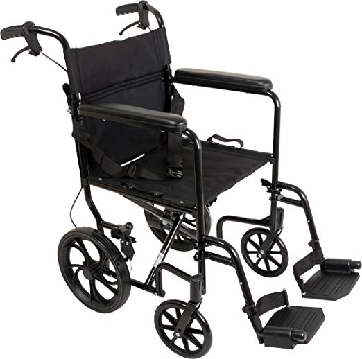 ProBasics Aluminum Transport Wheelchair With 19 Inch Seat - Foldable Wheel Chair For Transporting And Storage – 12-inch Rear Wheels For Smoother Ride, 300 LB Weight Capacity