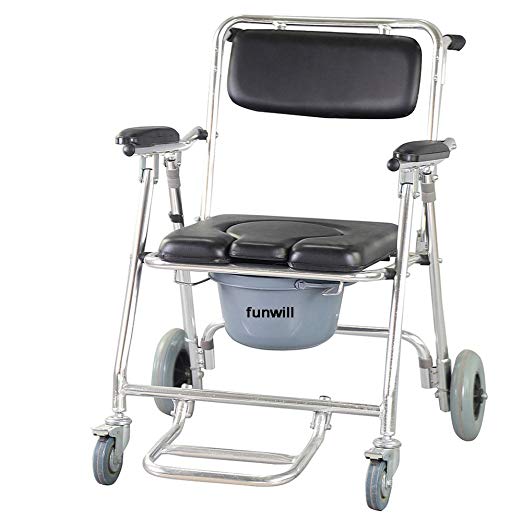 Funwill Mobile Commode Chair Toilet Bathing Shower Mobility Disability Aid with 4 Brakes, Wheels & Footrests Wheelchair Toilet (Shipping from US))