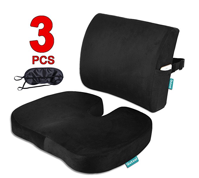 Seat Cushion Coccyx Orthopedic Memory Foam and Lumbar Support Pillow for Office Chair and Car Chair Cushion for Low Back Support, Tailbone Pain, Sciatica Relief Black Qutool