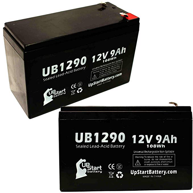 2 Pack - UB1290 Rechargeable SLA Universal Sealed Lead Acid Battery Replacement (12V, 9Ah, 9000mAh, F1 Terminal, AGM, SLA, Includes 4 F1 to F2 Terminal Adapters)